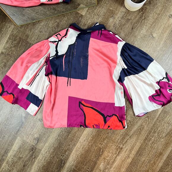 Tanya Taylor Avril Top Floral Satin Polyester Neck Tie Blouse - Picture 4 of 13